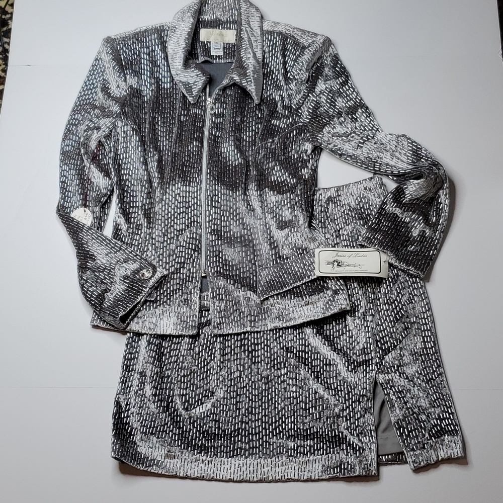 Vintage Skirt Suit Janine Suit New Old Stock Medium Silver velvet Blazer skirt